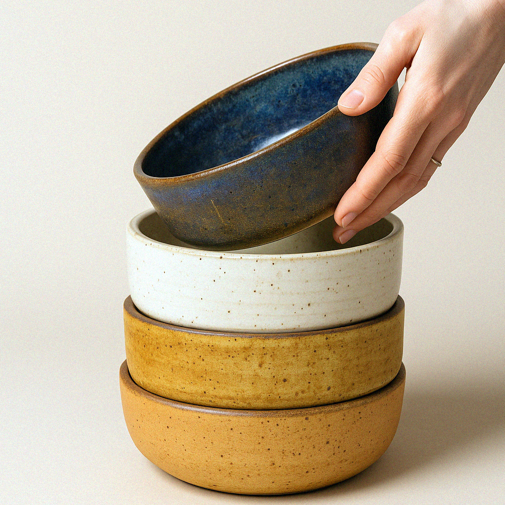 Stack of ceramic bowls with a hand lifting one, on a neutral background