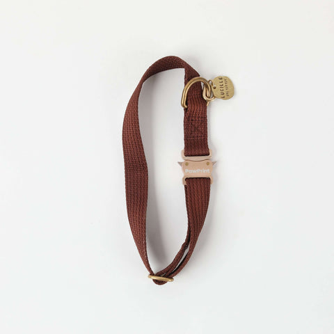 Brown Waterproof dog collar made from recycled ocean plastic  with a custom made brass dog tag 
